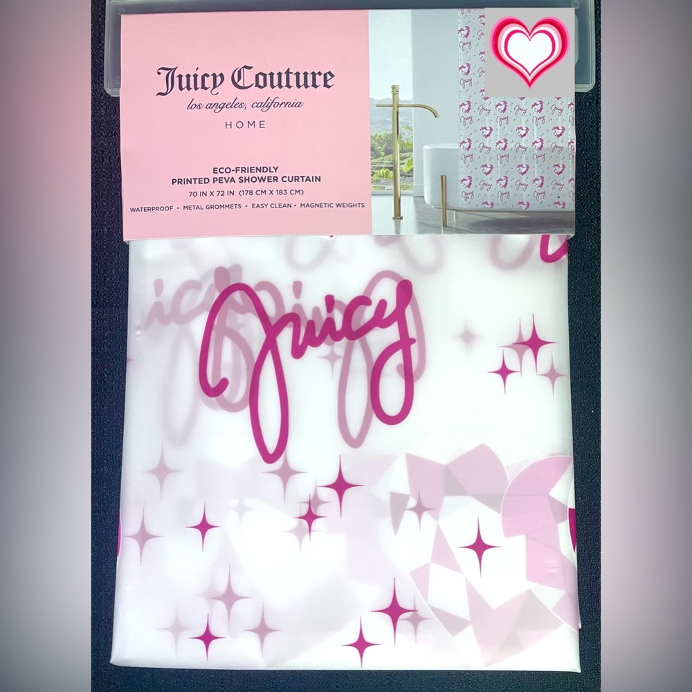 Juicy Couture Pink Geometric Hearts Semi-Clear Shower Curtain PEVA 70x72 NWT